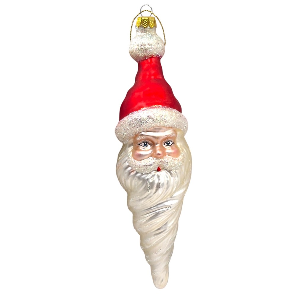 Vintage Glass Santa Claus Icicle Drop Christmas Ornament Hand Painted Glitter 9"